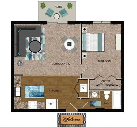 Floor plan for 1 bed, 1 bath, 700 sqft